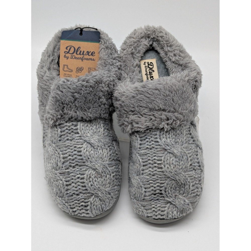 D'Luxe by Dearfoams Women's Slippers M 7-8 Gray Cable Knit Memory Foam NWT